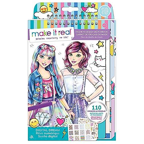 Make It Real – Fashion Design Sketchbook: Digital Dream. Inspirational Fashion Design Coloring Book for Girls. Includes Sketchbook, Stencils, Puffy Stickers, Foil Stickers, and Fashion Design Guide