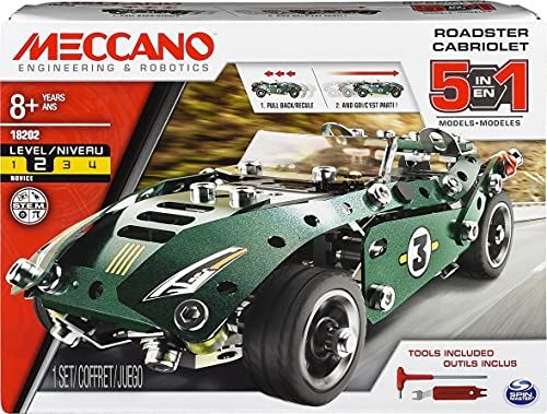 MECCANO Erector by MECCANO, 5 in 1 Roadster Pull Back Car Building Kit, for Ages 8 and up, STEM Construction Education Toy