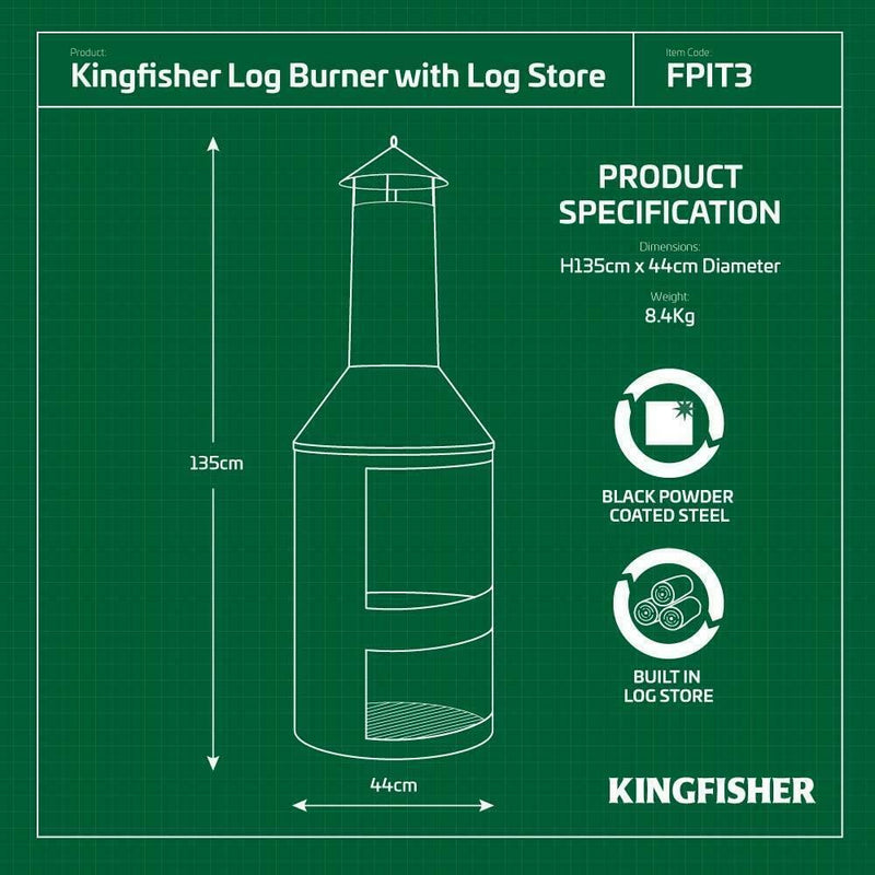 Kingfisher Black Steel Log Burner with Built in Log Store